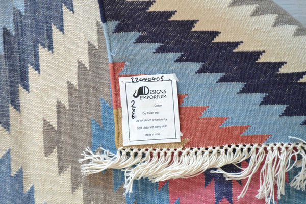 Cotton Kilim Runner Rug Indian 60x180cm 2x6' Kelim Pink Blue Hand Woven Boho - DesignsEmporium