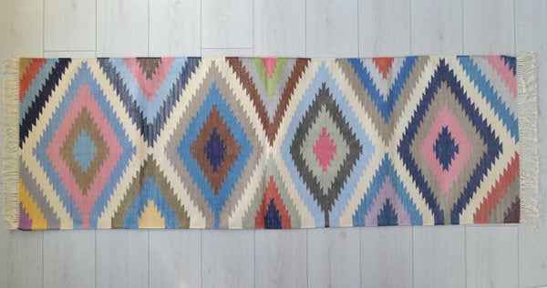 Cotton Kilim Runner Rug Indian 60x180cm 2x6' Kelim Pink Navy Hand Woven Boho - DesignsEmporium