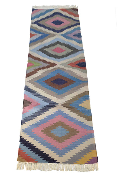 Cotton Kilim Runner Rug Indian 60x180cm 2x6' Kelim Pink Navy Hand Woven Boho - DesignsEmporium