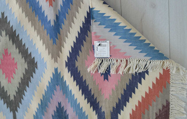 Cotton Kilim Runner Rug Indian 60x180cm 2x6' Kelim Pink Navy Hand Woven Boho - DesignsEmporium