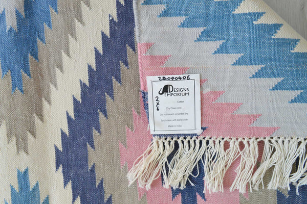 Cotton Kilim Runner Rug Indian 60x180cm 2x6' Kelim Pink Navy Hand Woven Boho - DesignsEmporium