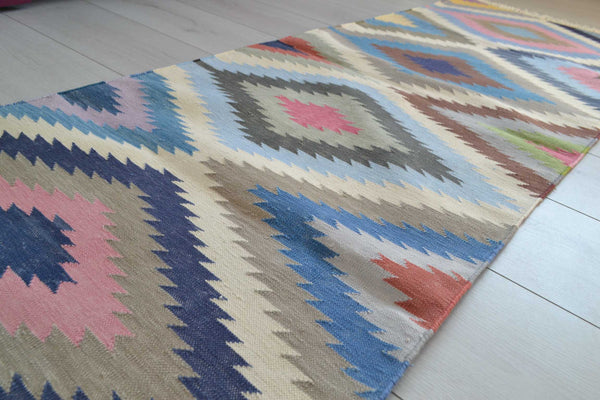 Cotton Kilim Runner Rug Indian 60x180cm 2x6' Kelim Pink Navy Hand Woven Boho - DesignsEmporium