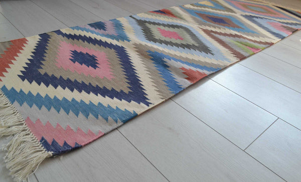 Cotton Kilim Runner Rug Indian 60x180cm 2x6' Kelim Pink Navy Hand Woven Boho - DesignsEmporium