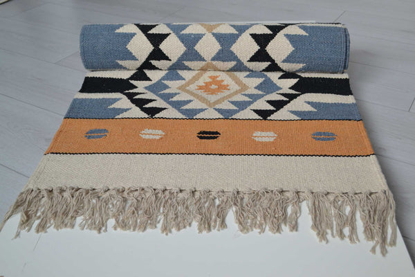 Orange Blue Cotton Kilim Rug Runner Diamond 2x3' 2x6' 2x9' - DesignsEmporium