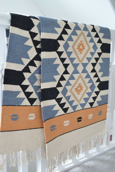 Orange Blue Cotton Kilim Rug Runner Diamond 2x3' 2x6' 2x9' - DesignsEmporium