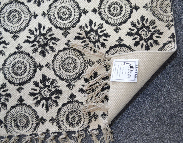 100% Cotton Rug Block Print Cream Mandala 8ft x 10ft Dhurrie 240cm x 300cm - DesignsEmporium