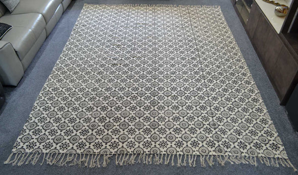100% Cotton Rug Block Print Cream Mandala 8ft x 10ft Dhurrie 240cm x 300cm - DesignsEmporium