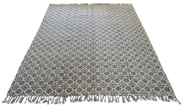 100% Cotton Rug Block Print Cream Mandala 8ft x 10ft Dhurrie 240cm x 300cm - DesignsEmporium