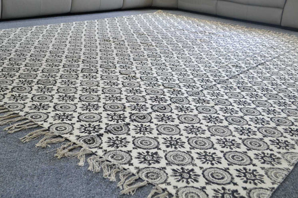 100% Cotton Rug Block Print Cream Mandala 8ft x 10ft Dhurrie 240cm x 300cm - DesignsEmporium