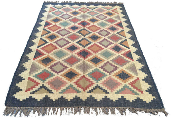 Large Black Kilim Rug Jute Wool Cotton Persian Style 8ft x 5ft 235cm x 160cm -Rug