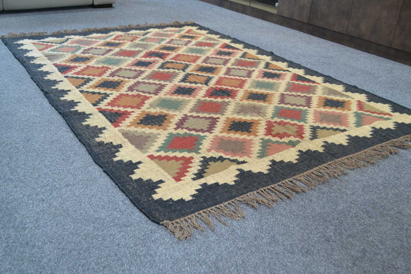 Large Black Kilim Rug Jute Wool Cotton Persian Style 8ft x 5ft 235cm x 160cm -Rug