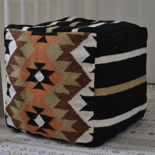 Bean bag Cover Kilim Pouffe Wool 40cm 16" Cube Ottoman Brown - Designs Emporium