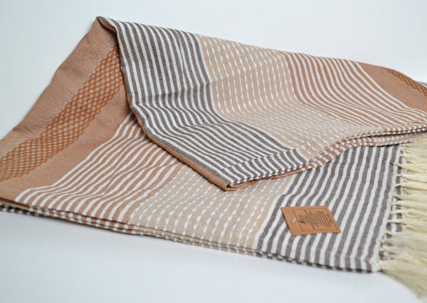 Ribbed Cotton Stripe Throw Cotton Bed Sheet Cover Natural Beige Grey - DesignsEmporium