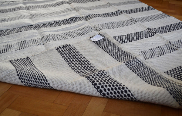 Large Kilim White Black  Rug Reversible Diamonds Stripes Wool - 5x8 - DesignsEmporium