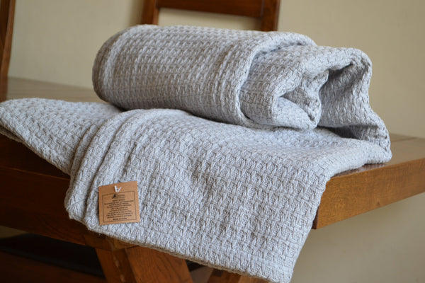 Large Knitted Throw Blanket Grey Soft Waffle Cotton - DesignsEmporium
