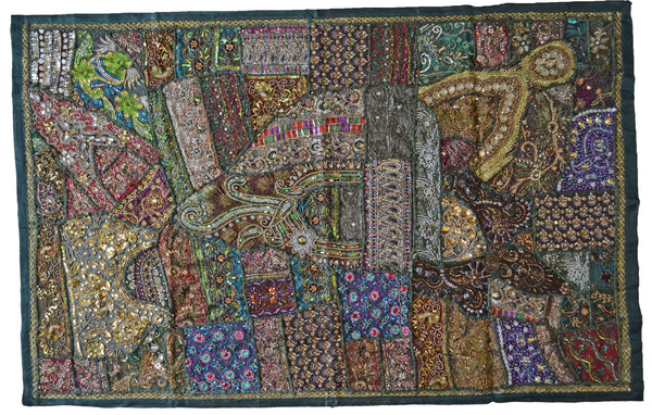 Tapestry Green Wall Hanging Recycled Vintage Sari - DesignsEmporium