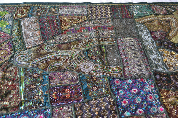 Tapestry Green Wall Hanging Recycled Vintage Sari - DesignsEmporium