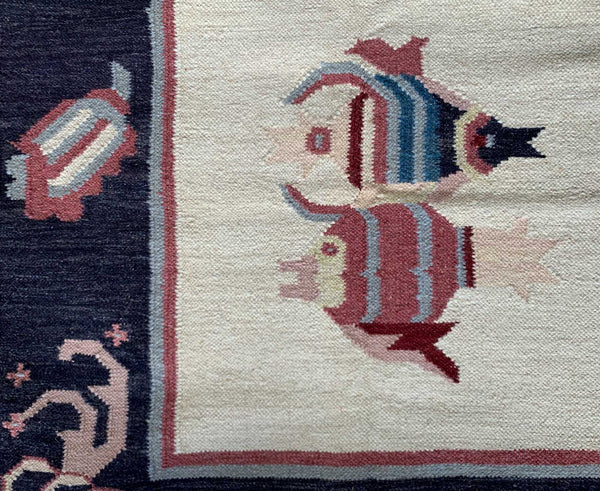 10ft Nautical Wool Kilim Rug 240cm x 300cm Kelim Fish Navy Theme Hand Woven Knotted 8ft x 10ft -Rug