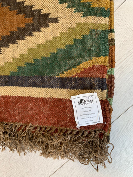Kilim Rug 3x5ft 90x150cm Handmade Jute Wool Cotton Mustard Diamond -Rug