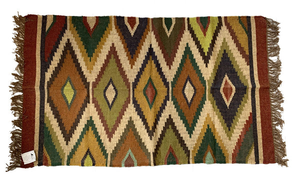 Kilim Rug 3x5ft 90x150cm Handmade Jute Wool Cotton Mustard Diamond -Rug