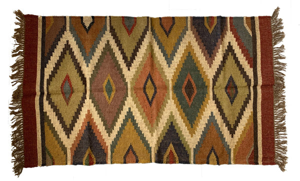 Kilim Rug 3x5ft 90x150cm Handmade Jute Wool Cotton Grey Beige Blue Diamond -Rug