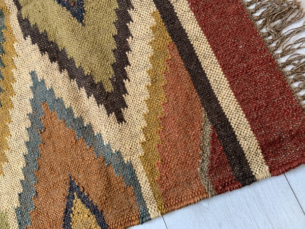 Kilim Rug 3x5ft 90x150cm Handmade Jute Wool Cotton Grey Beige Blue Diamond -Rug