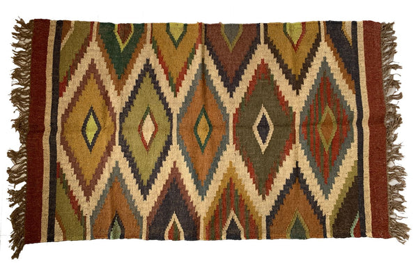 Jute Kilim Rug 3x5ft 90x150cm Handmade Diamond Beige Red Black -Rug