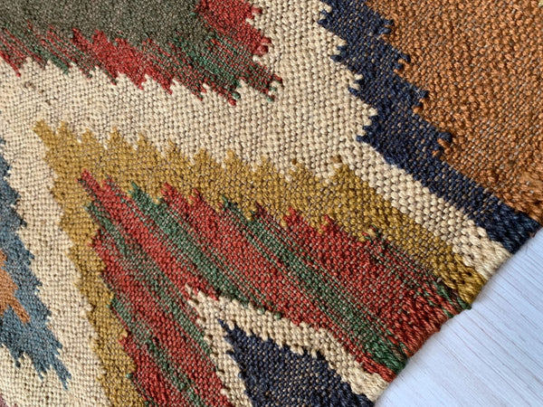Jute Kilim Rug 3x5ft 90x150cm Handmade Diamond Beige Red Black -Rug