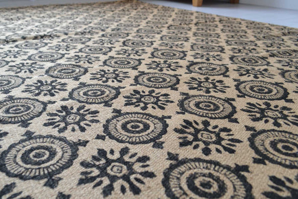 Jute Rug Block Print Natural Hand Knotted Mandala Eco Friendly 180cm x 120cm 6ft x 4ft - DesignsEmporium