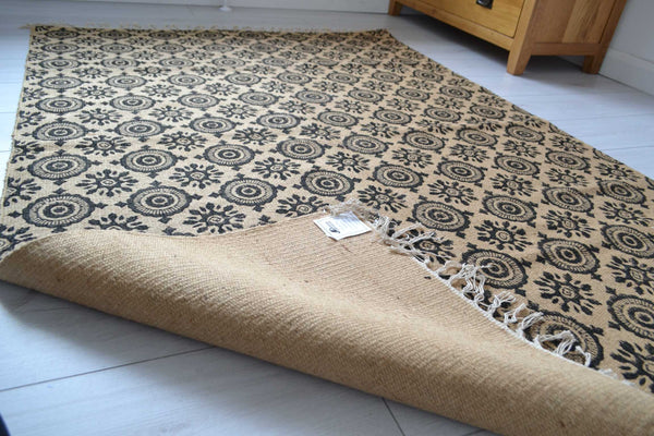 Jute Rug Block Print Natural Hand Knotted Mandala Eco Friendly 180cm x 120cm 6ft x 4ft - DesignsEmporium