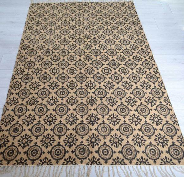 Jute Rug Block Print Natural Hand Knotted Mandala Eco Friendly 180cm x 120cm 6ft x 4ft - DesignsEmporium