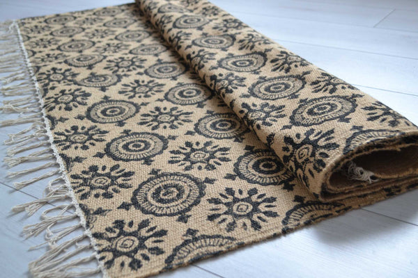 Jute Rug Block Print Natural Hand Knotted Mandala Eco Friendly 180cm x 120cm 6ft x 4ft - DesignsEmporium