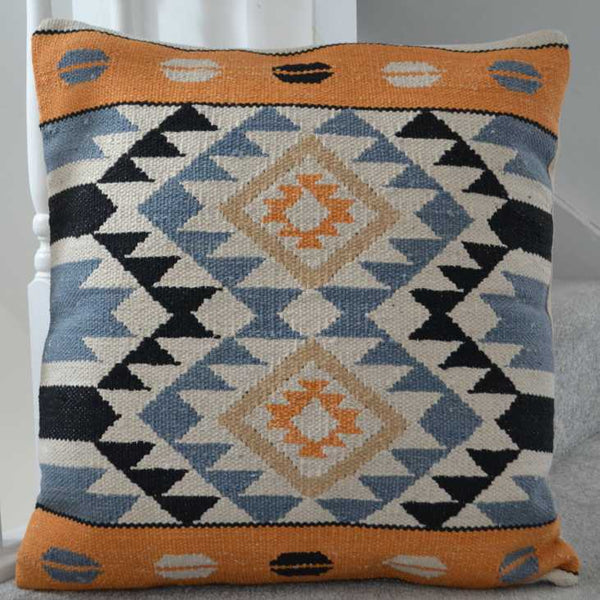 Orange Blue Cushion Cover Cotton Kilim Diamond 24x24" 60x60cm - DesignsEmporium