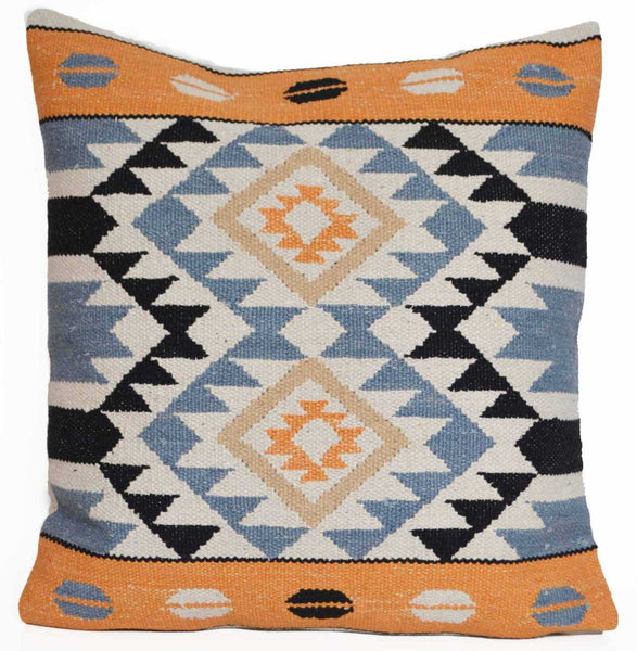 Orange Blue Cushion Cover Cotton Kilim Diamond 24x24" 60x60cm - DesignsEmporium