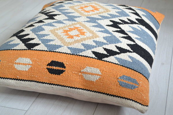 Orange Blue Cushion Cover Cotton Kilim Diamond 24x24" 60x60cm - DesignsEmporium