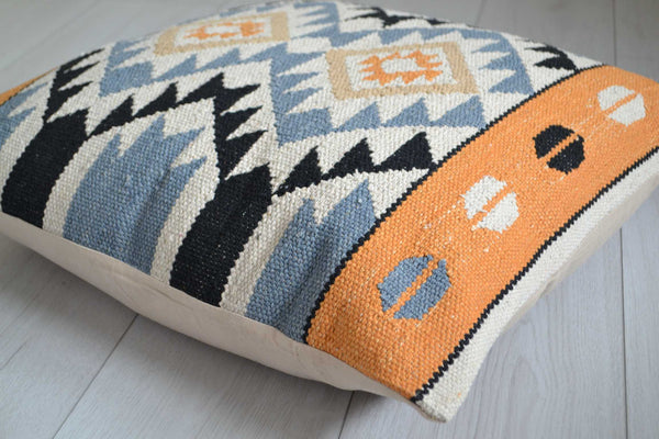 Orange Blue Cushion Cover Cotton Kilim Diamond 24x24" 60x60cm - DesignsEmporium
