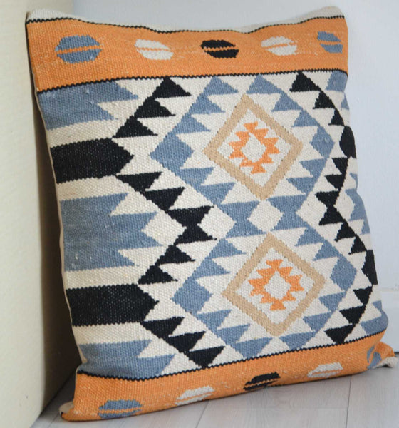 Orange Blue Cushion Cover Cotton Kilim Diamond 24x24" 60x60cm - DesignsEmporium