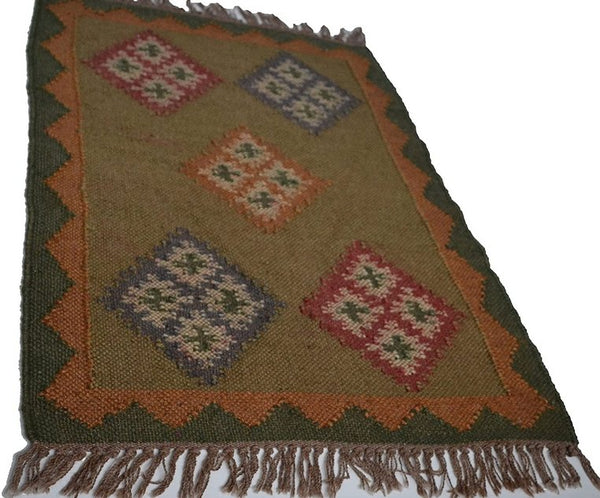 Diamond Rustic Green Kilim Rug Handmade 2x3ft 60x90cm -Rug