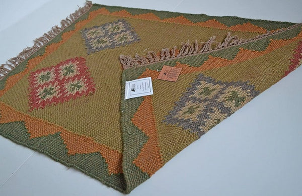 Diamond Rustic Green Kilim Rug Handmade 2x3ft 60x90cm -Rug
