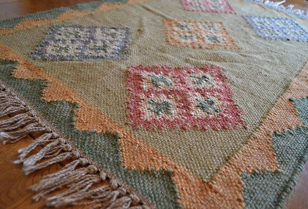 Diamond Rustic Green Kilim Rug Handmade 2x3ft 60x90cm -Rug