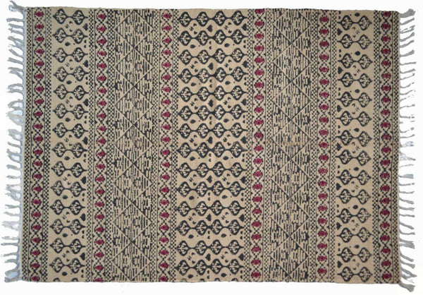 Jute Rug Block Print Natural Hand Knotted Tribal Eco Friendly 150cm x 100cm 5ft x 3.5ft - DesignsEmporium