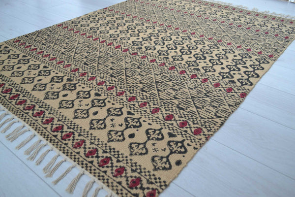 Jute Rug Block Print Natural Hand Knotted Tribal Eco Friendly 150cm x 100cm 5ft x 3.5ft - DesignsEmporium