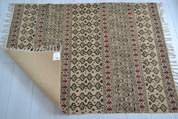 Jute Rug Block Print Natural Hand Knotted Tribal Eco Friendly 150cm x 100cm 5ft x 3.5ft - DesignsEmporium