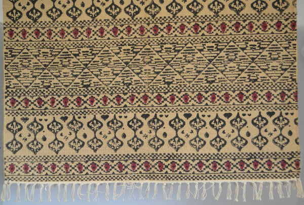 Jute Rug Block Print Natural Hand Knotted Tribal Eco Friendly 150cm x 100cm 5ft x 3.5ft - DesignsEmporium