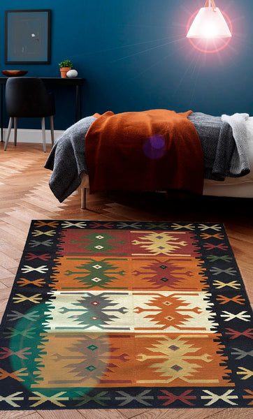 Black Orange Wool Kilim Rug Geometric 180cm x 120cm Kelim Hand Woven Knotted 6ft x 4ft -Rug