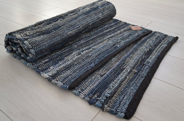 Eco Denim Rugs Runner Chindi Blue Navy Cotton RagsRecycled - DesignsEmporium
