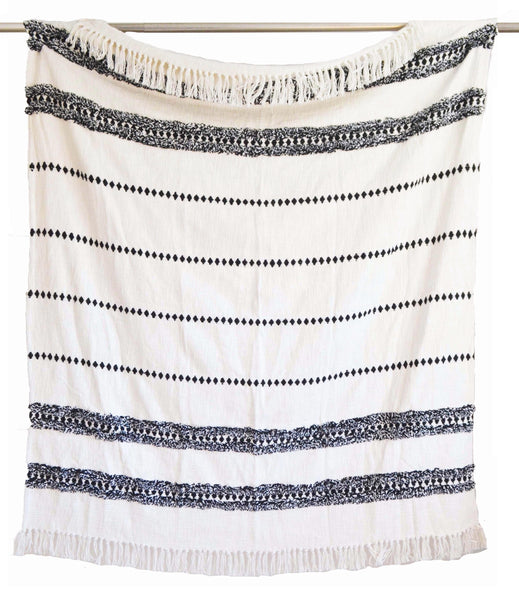 Cream Striped Tufted Throw Black Boho Tassels - DesignsEmporium