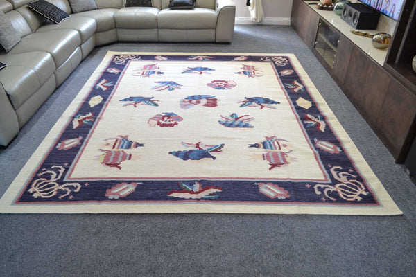 10ft Nautical Wool Kilim Rug 240cm x 300cm Kelim Fish Navy Theme Hand Woven Knotted 8ft x 10ft -Rug