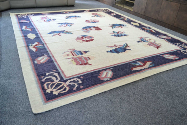 10ft Nautical Wool Kilim Rug 240cm x 300cm Kelim Fish Navy Theme Hand Woven Knotted 8ft x 10ft -Rug