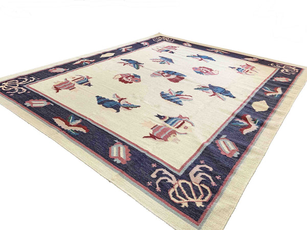 10ft Nautical Wool Kilim Rug 240cm x 300cm Kelim Fish Navy Theme Hand Woven Knotted 8ft x 10ft -Rug